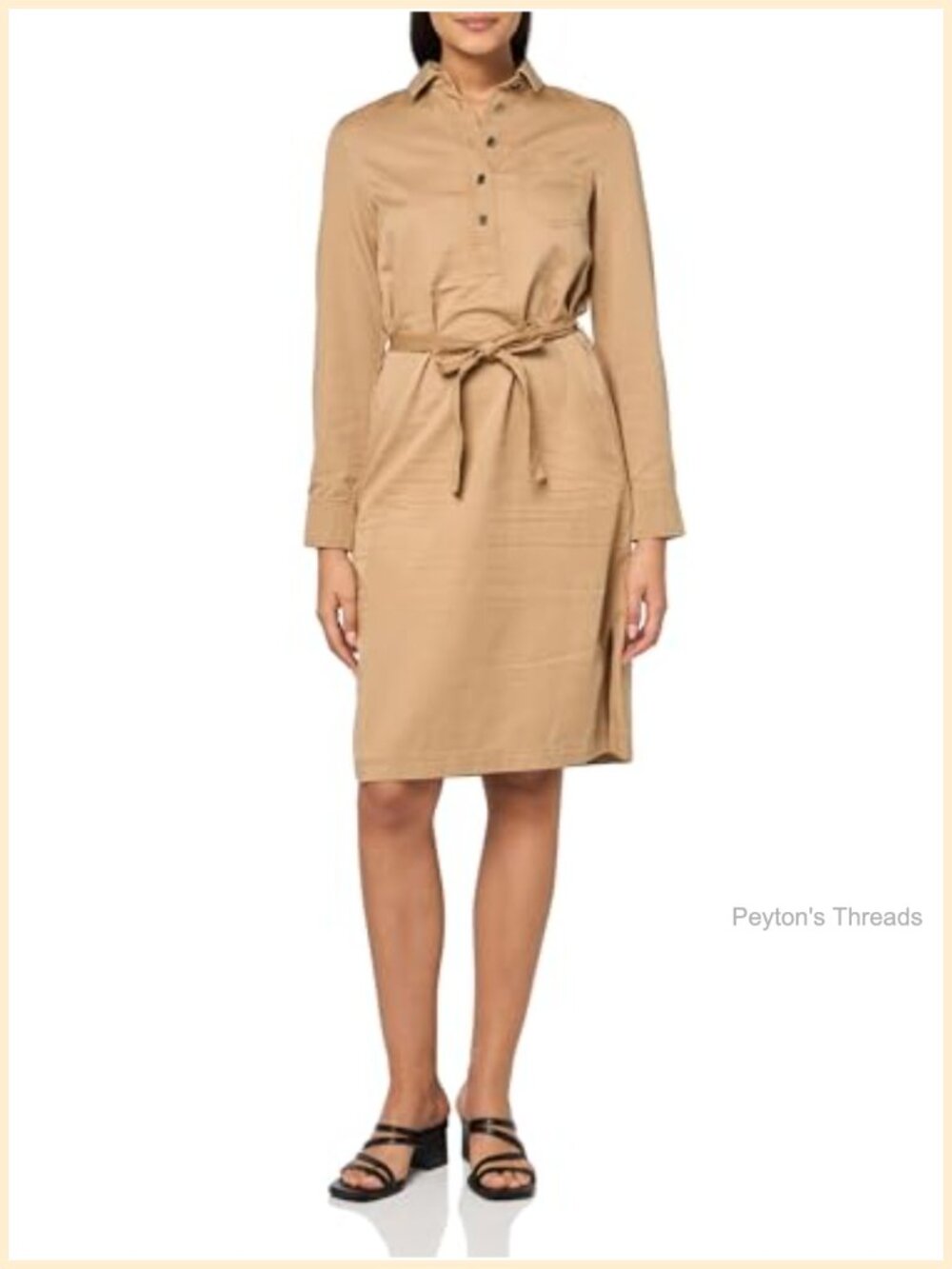 Self Tie Midi Shirtdress Long Sleeve Collared Twill Work Dress